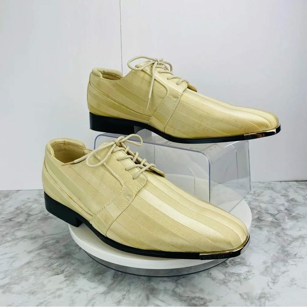 Hugo Vitelli Oxfords Men 15 Ivory Beige Groom Lace Up Formal Stripped Breathable